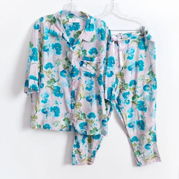 Papinelle Audrey Crop PJ Set pink blue floral cotton silk relaxed lightweight - Picture 2 of 13
